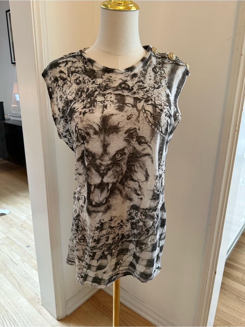 Balmain black and white graphic print top with gold buttons. Linen fabric.